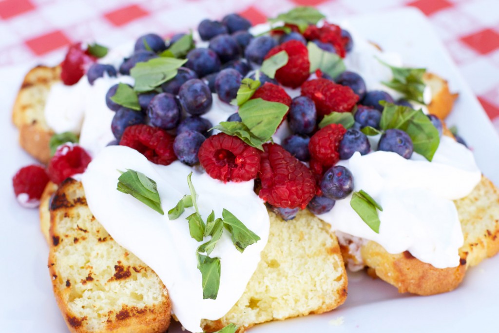 Grilled Lemon Cake with berries and basil