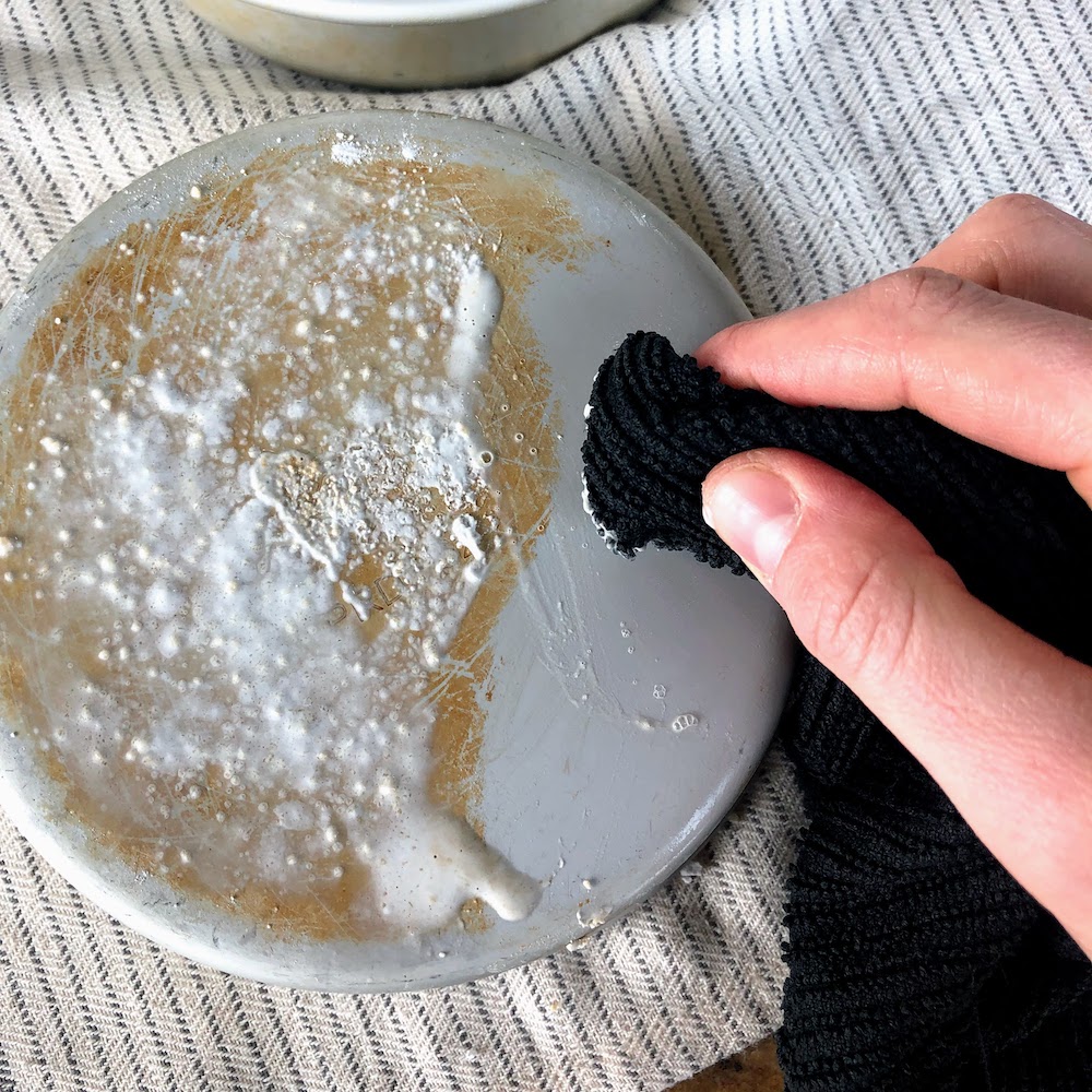 Aluminum pan scrubbed clean with Bar Keepers Friend