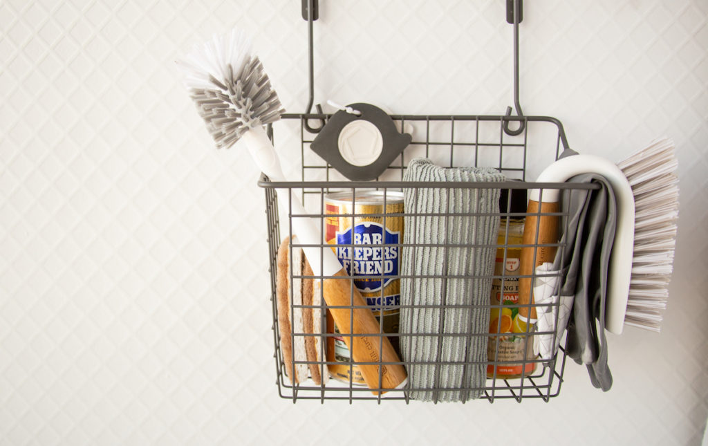 Cleaning supplies in a basket