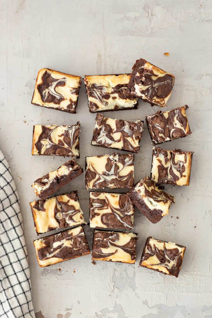 Baked and sliced double chocolate cream cheese brownies are ready to share and devour. 