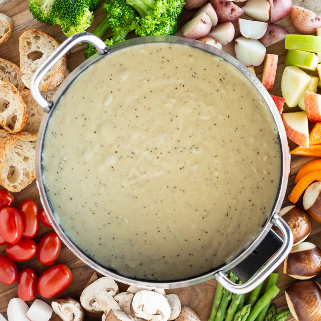 cheese fondue in a fondue pot