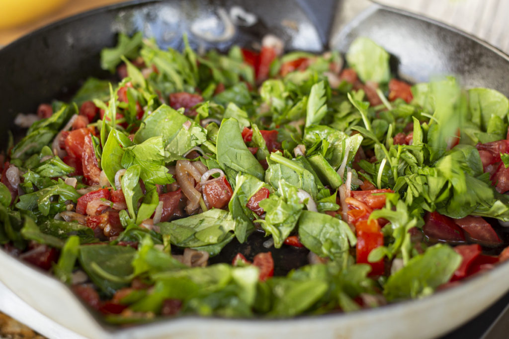 sauteed shallots, greens and tomatoes