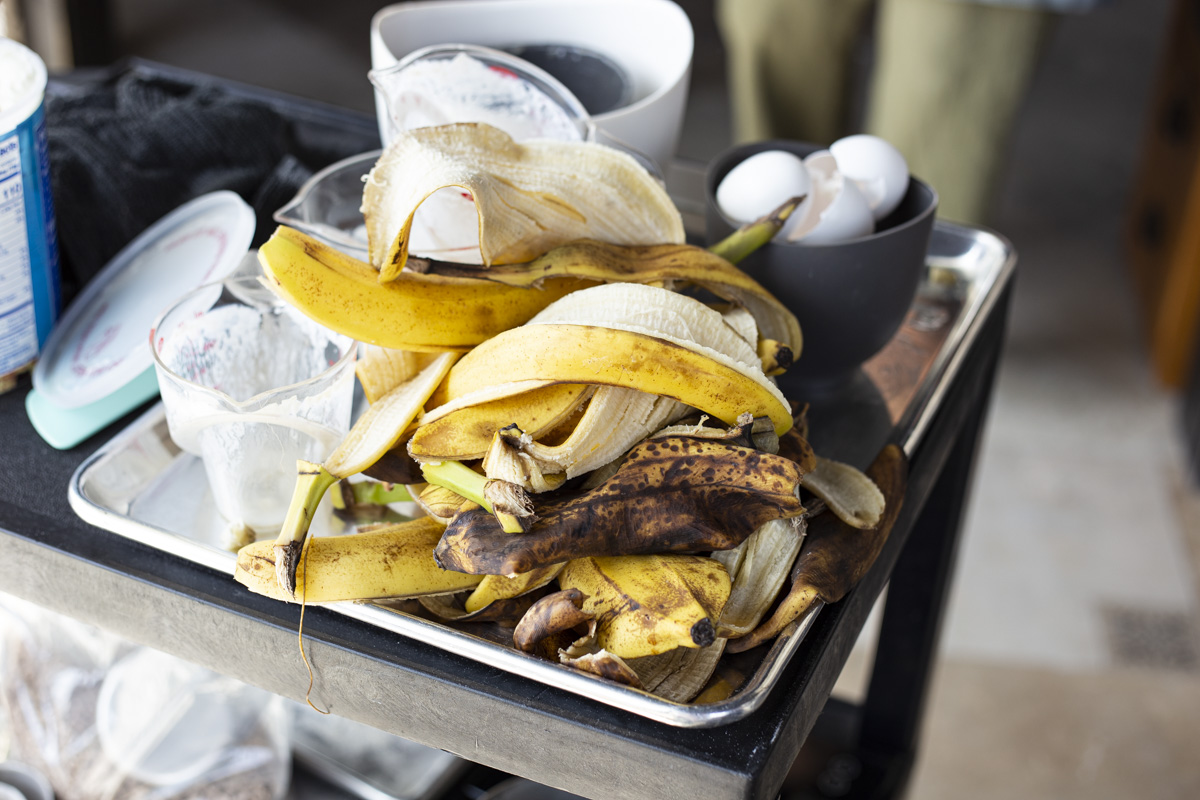 pile of banana peels from making banana bread