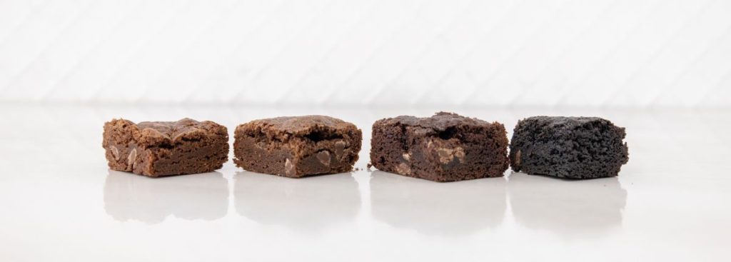four brownies baked with different types of cocoa powder 