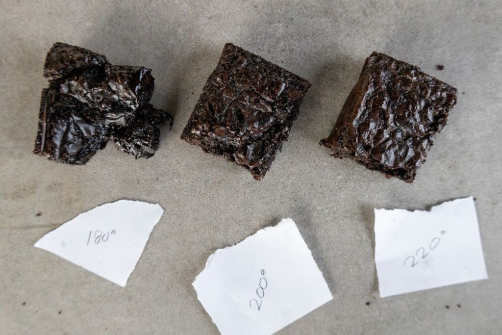 brownie slices baked to three different temperatures