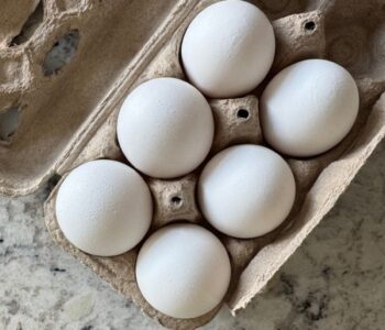 half empty paper carton of white eggs