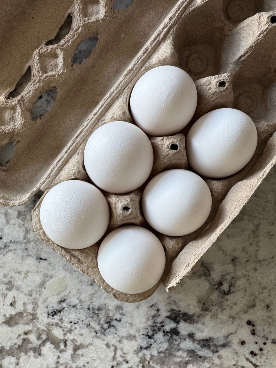 half empty paper carton of white eggs